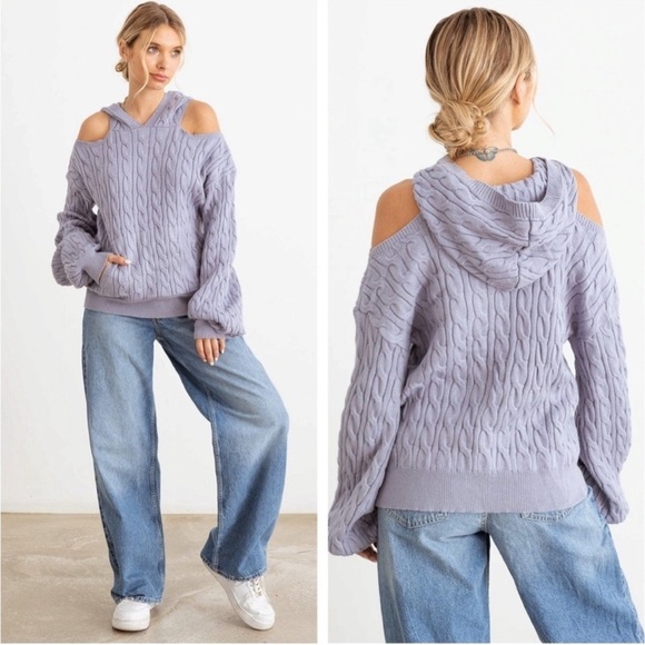 36 Point 5 -Slate Cable Knit Cold Shoulder
Hooded Sweater - Picture 2 of 5